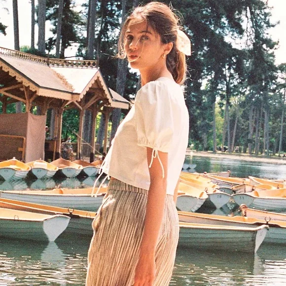 Free People Kitty Tee Ivory Cropped Puff Sleeve Bow Front Cottagecore Top Size S - Picture 4 of 9